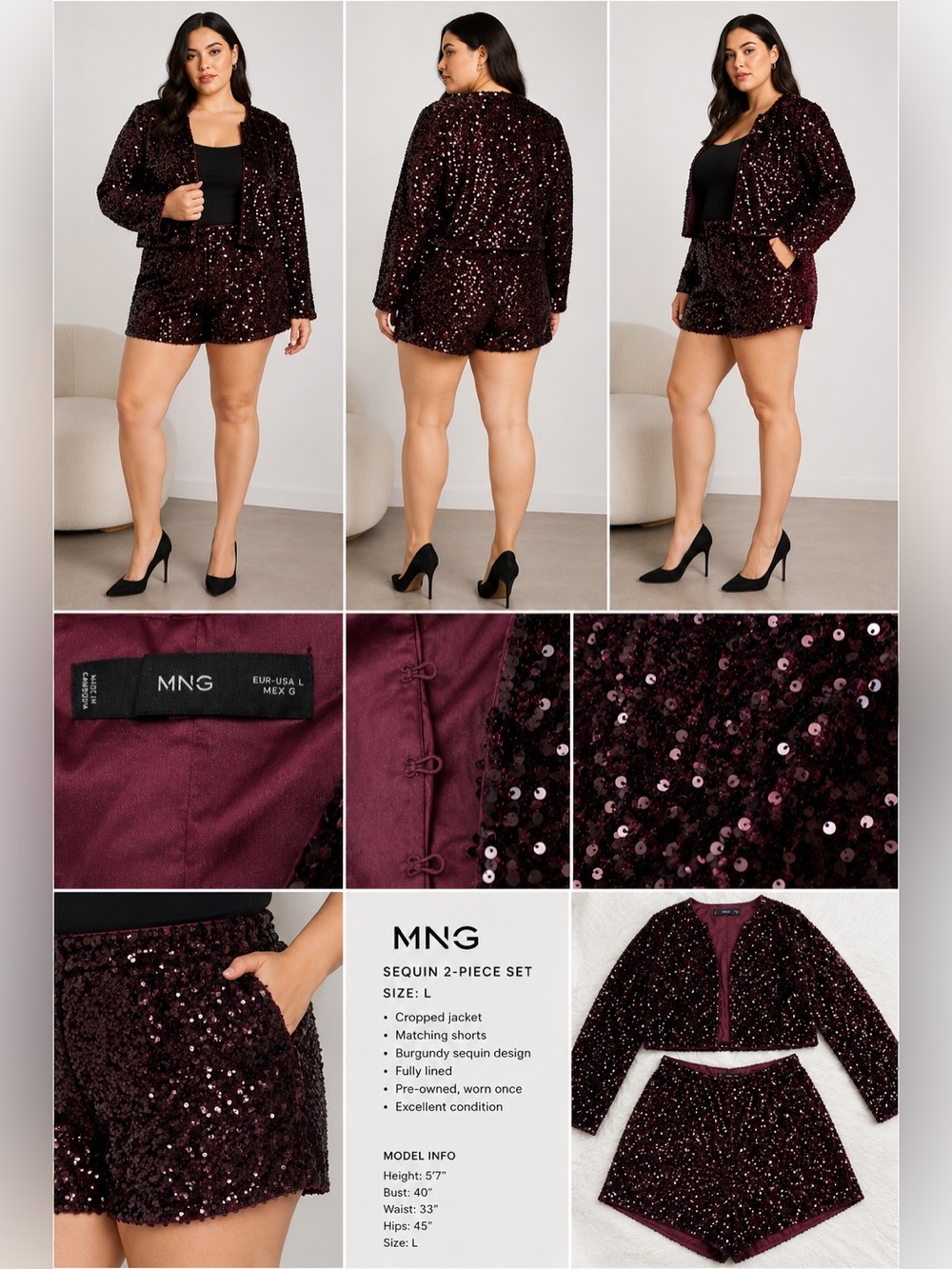 MNG Mango Burgundy Sequin 2-Piece Set Size L Jacket & Shorts Party Outfit